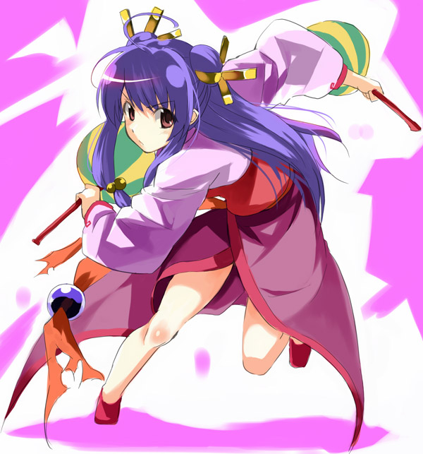 kabocha, kabocha (monkey4), shampoo (ranma 1/2), ranma 1/2, 1girl, brown eyes, chui, double bun, female focus, hair bun, hair ornament, legs, long hair, looking at viewer, purple hair, solo, weapon