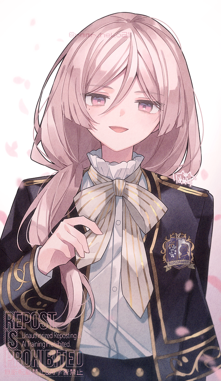 eringikinono, boys be maid!, highres, 1boy, :d, black jacket, black pants, blunt sidelocks, cropped jacket, falling petals, gold trim, hair between eyes, hand up, jacket, kisaki yoka, light blush, long hair, long sleeves, looking at viewer, male focus, mole, mole under eye, neck ribbon, open clothes, open jacket, open mouth, pants, petals, pink eyes, pink hair, ribbon, school uniform, shirt, sidelocks, smile, solo, straight-on, striped ribbon, upper body, watermark, white background, white ribbon, white shirt