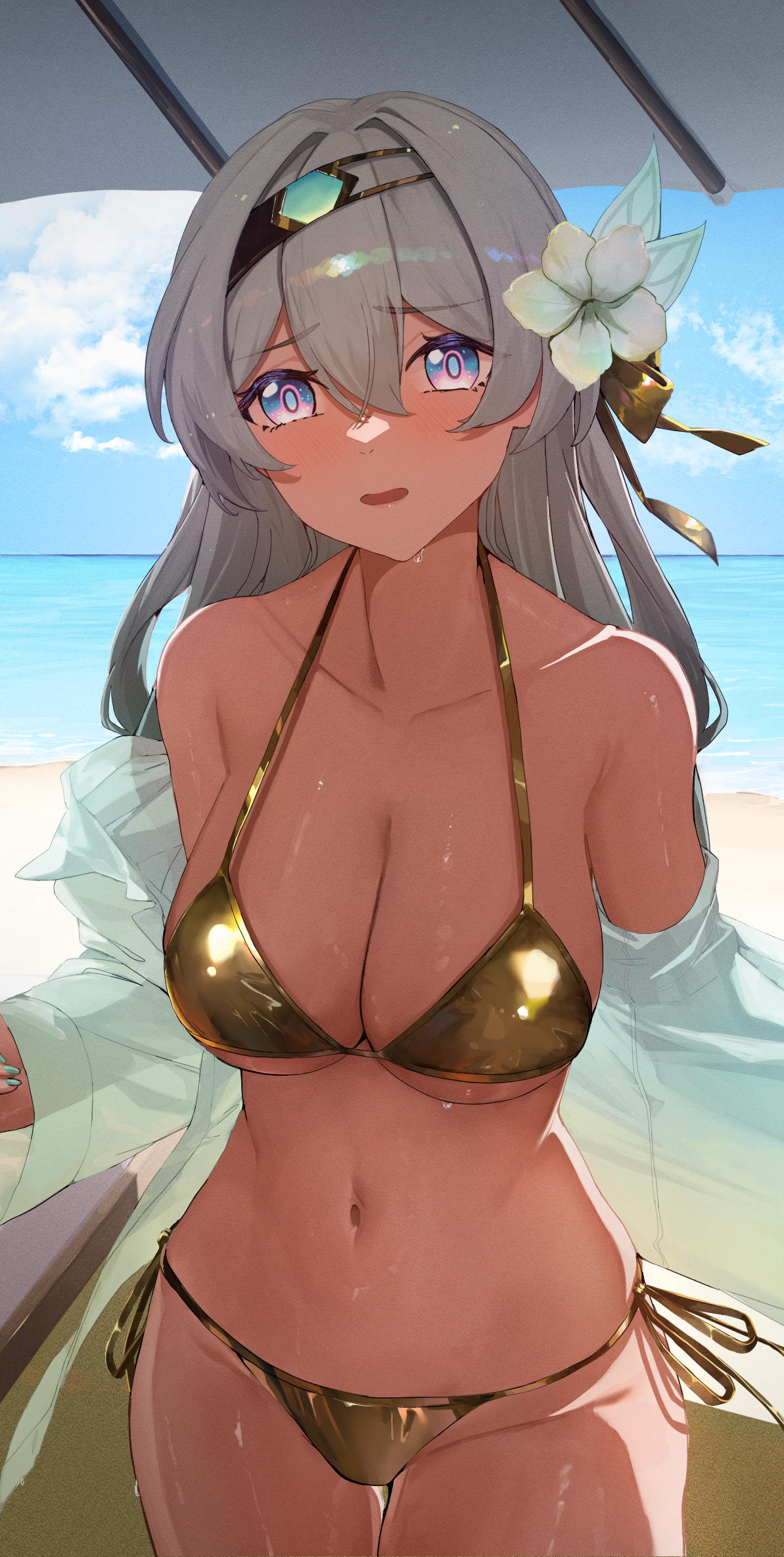 ailushin, firefly (honkai: star rail), honkai: star rail, honkai (series), highres, alternate costume, beach, bikini, black hairband, blue eyes, blue sky, blush, breasts, day, flower, gold bikini, gradient eyes, green shirt, grey hair, hair flower, hair ornament, hairband, horizon, large breasts, long hair, looking at viewer, multicolored eyes, navel, ocean, purple eyes, shirt, side-tie bikini bottom, sky, stomach, swimsuit