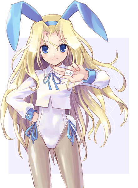 katahira masashi, ryuumonbuchi touka, saki (manga), 00s, 1girl, animal ears, blonde hair, board game, cowboy shot, fake animal ears, female focus, holding, holding mahjong tile, leotard, long hair, mahjong, mahjong tile, pantyhose, playboy bunny, rabbit ears, school uniform, serafuku, solo