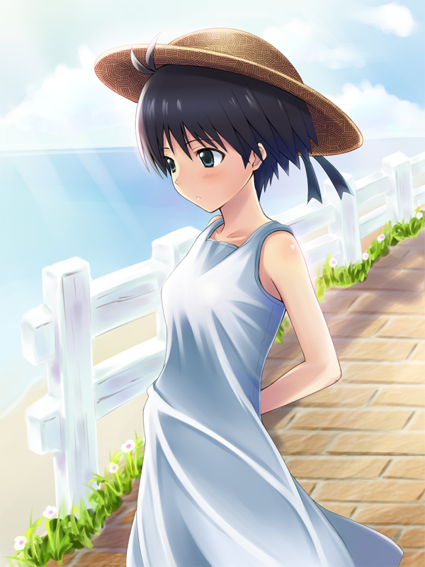 kisugi, kisugi akira, kikuchi makoto, idolmaster, idolmaster (classic), idolmaster 1, 00s, antenna hair, black hair, brown hat, day, dress, hat, ocean, outdoors, short hair, solo, standing, sun hat, sundress, white dress