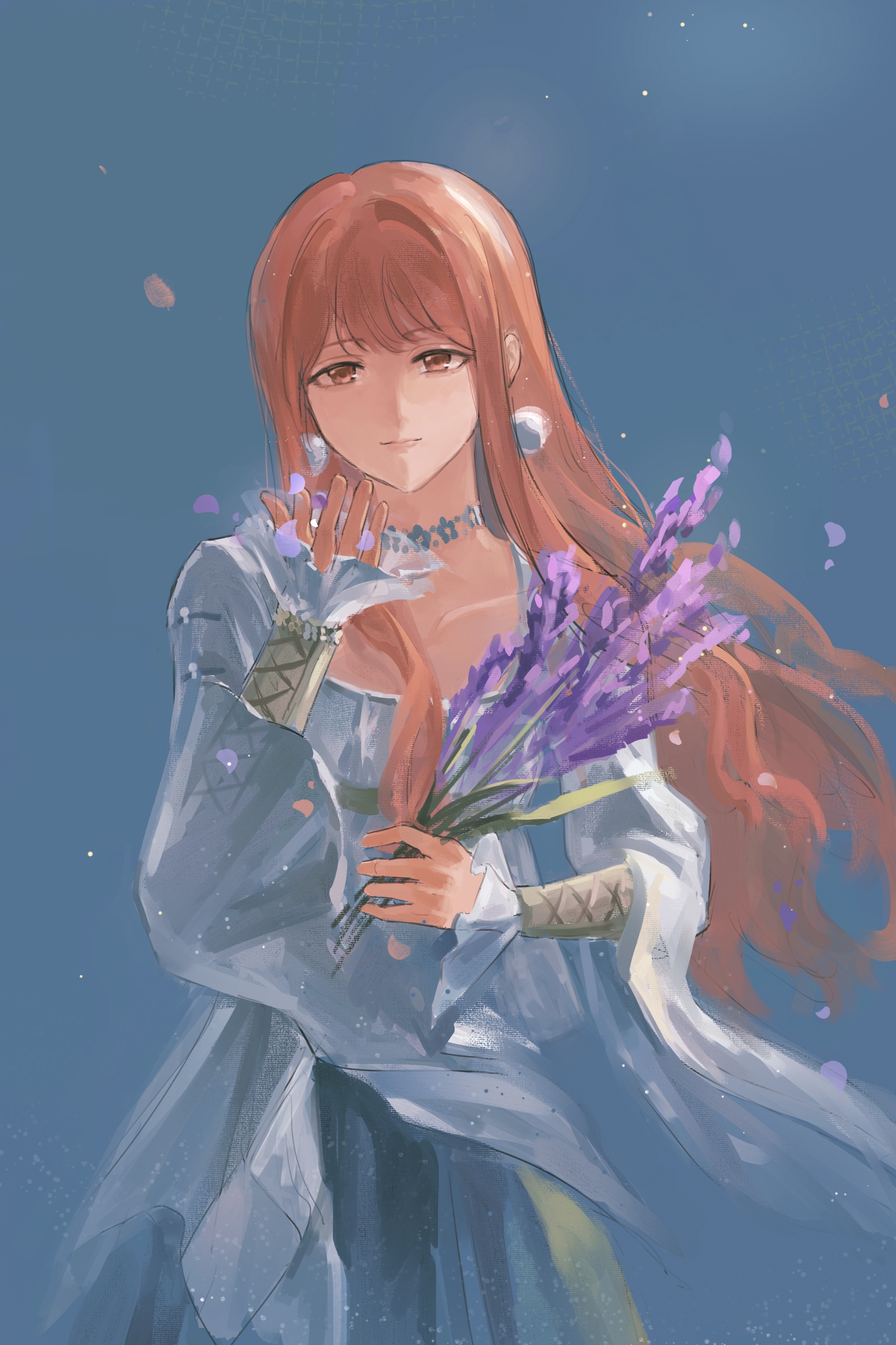 baikaishui zhizaochang, nikki (nikki), infinity nikki, nikki (series), absurdres, highres, 1girl, blue choker, blue dress, blue sky, brown eyes, choker, closed mouth, cloud, collarbone, cross-laced clothes, cross-laced sleeves, day, dress, earrings, floating hair, flower, flower choker, frilled sleeves, frills, full body, hair intakes, holding, holding flower, jewelry, lavender (flower), light particles, lips, long dress, long hair, long sleeves, outdoors, outstretched hand, petals, pink hair, pink lips, pleated dress, pom pom (clothes), pom pom earrings, purple flower, sidelocks, sky, sleeves past wrists, smile, solo, square neckline, two-tone dress, very long hair, wavy hair, white dress, wide sleeves, wind