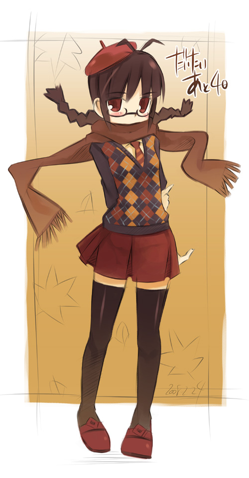 noripachi, akizuki ritsuko, idolmaster, idolmaster (classic), idolmaster 1, 00s, 1girl, ahoge, beret, brown eyes, brown hair, female focus, glasses, hat, miniskirt, scarf, school uniform, serafuku, short twintails, skirt, solo, thighhighs, twintails