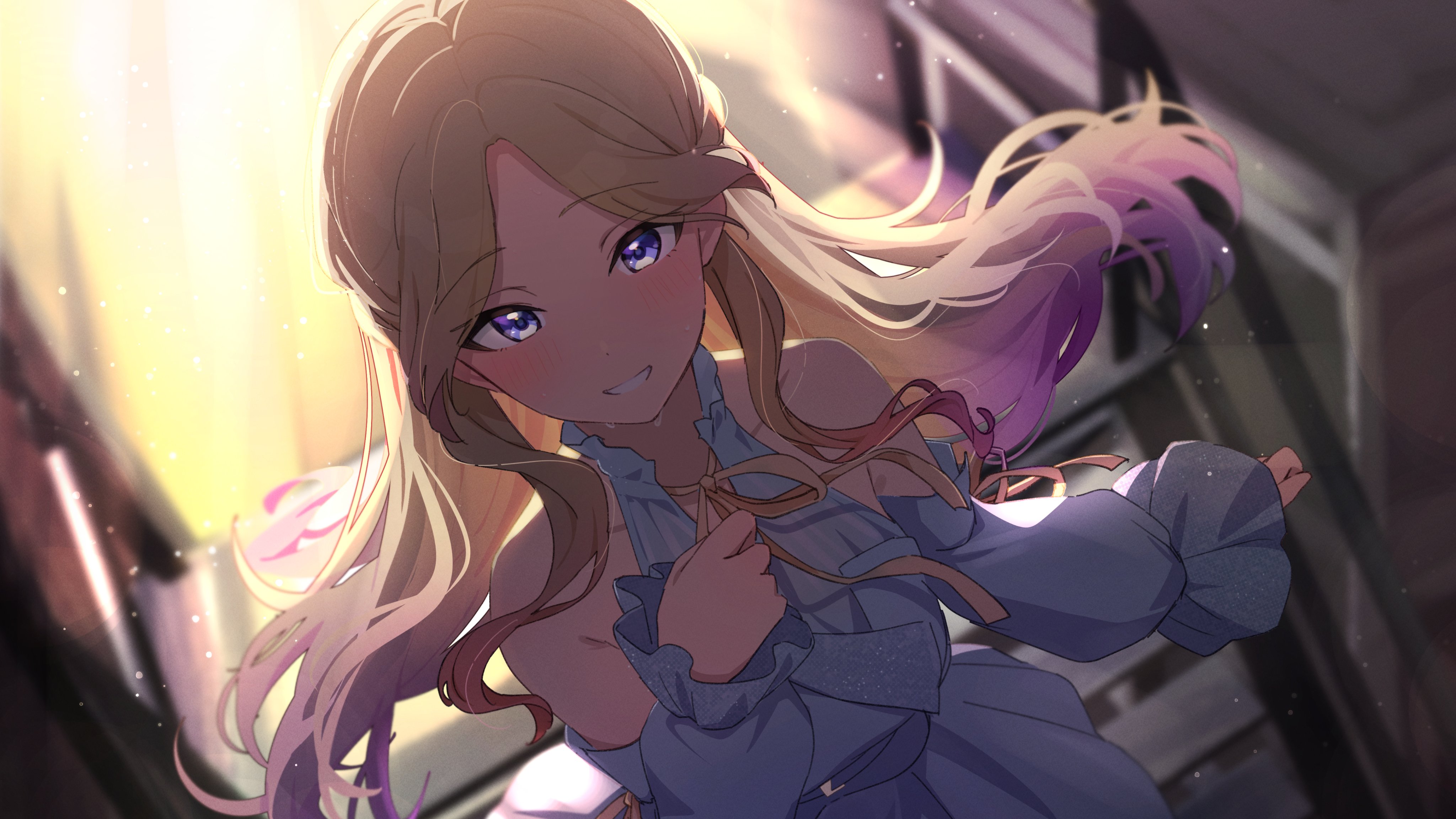 reikakrzk, juo sena, idolmaster, absurdres, highres, 1girl, bare shoulders, blonde hair, blue dress, blue eyes, blurry, blurry background, blush, depth of field, dress, dutch angle, gradient hair, grin, long hair, long sleeves, looking at viewer, multicolored hair, parted bangs, pink hair, puffy long sleeves, puffy sleeves, ribbon, sidelocks, smile, solo, stage, sweat, yellow ribbon
