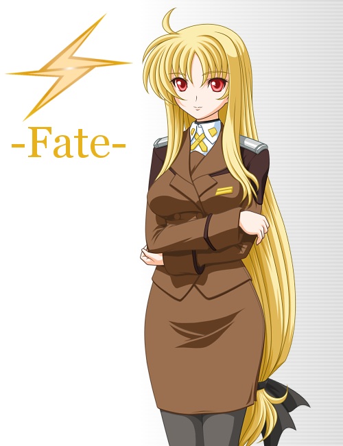 t2r, fate testarossa, lyrical nanoha, mahou shoujo lyrical nanoha, mahou shoujo lyrical nanoha strikers, 00s, 1girl, black pantyhose, blonde hair, bow, character name, female focus, hair bow, long hair, low-tied long hair, military, military uniform, pantyhose, pencil skirt, red eyes, skirt, solo, very long hair