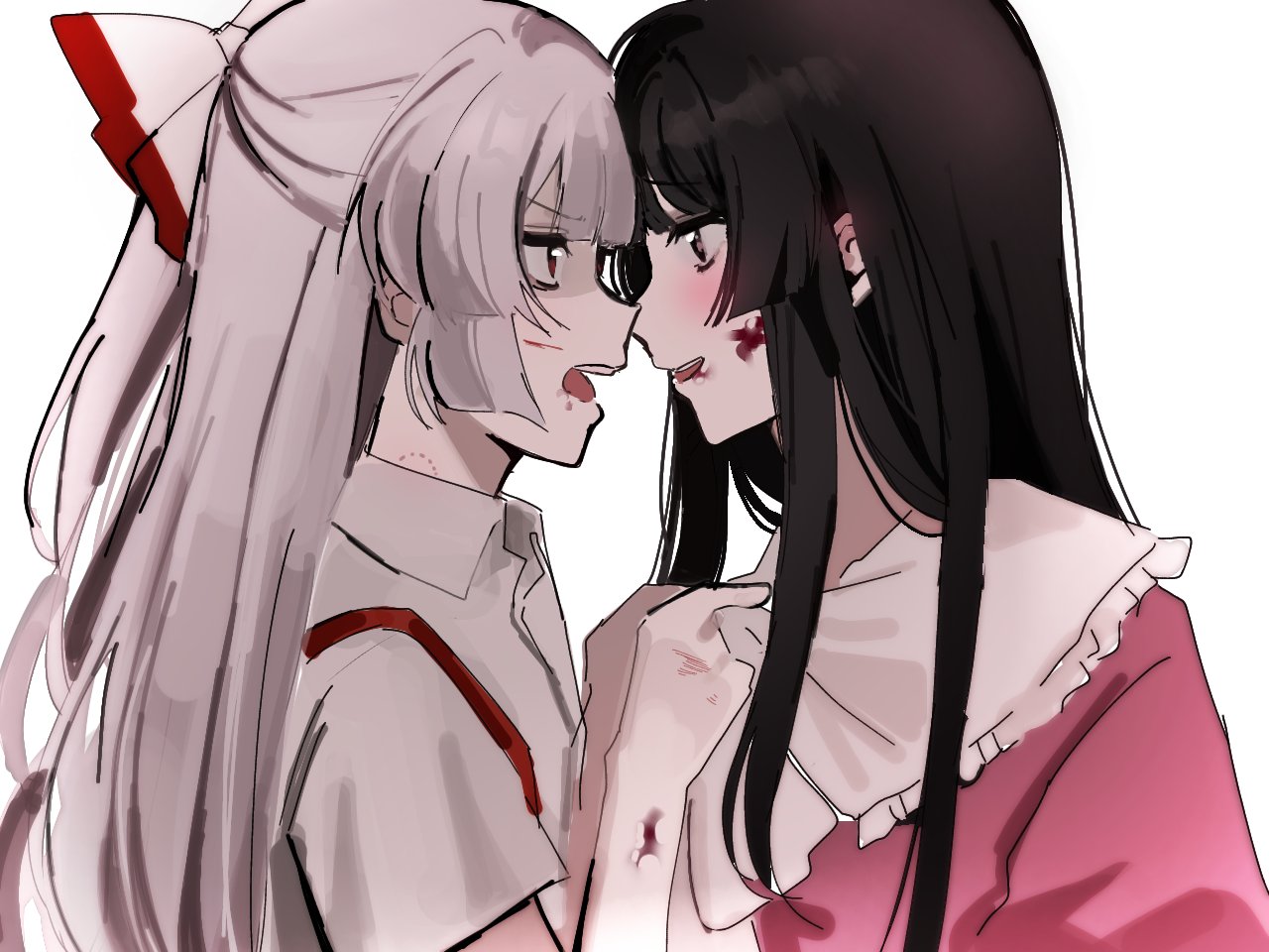jyazo pic, fujiwara no mokou, houraisan kaguya, touhou, 2girls, angry, bite mark, bite mark on neck, black hair, blood, blood on face, blood on hands, blush, bow, clothes grab, collar grab, collared shirt, face-to-face, hair bow, hime cut, long hair, long sleeves, looking at another, multiple girls, neckwear grab, open mouth, pink eyes, pink shirt, red eyes, shirt, short sleeves, smile, teeth, upper body, upper teeth only, white background, white hair, white shirt