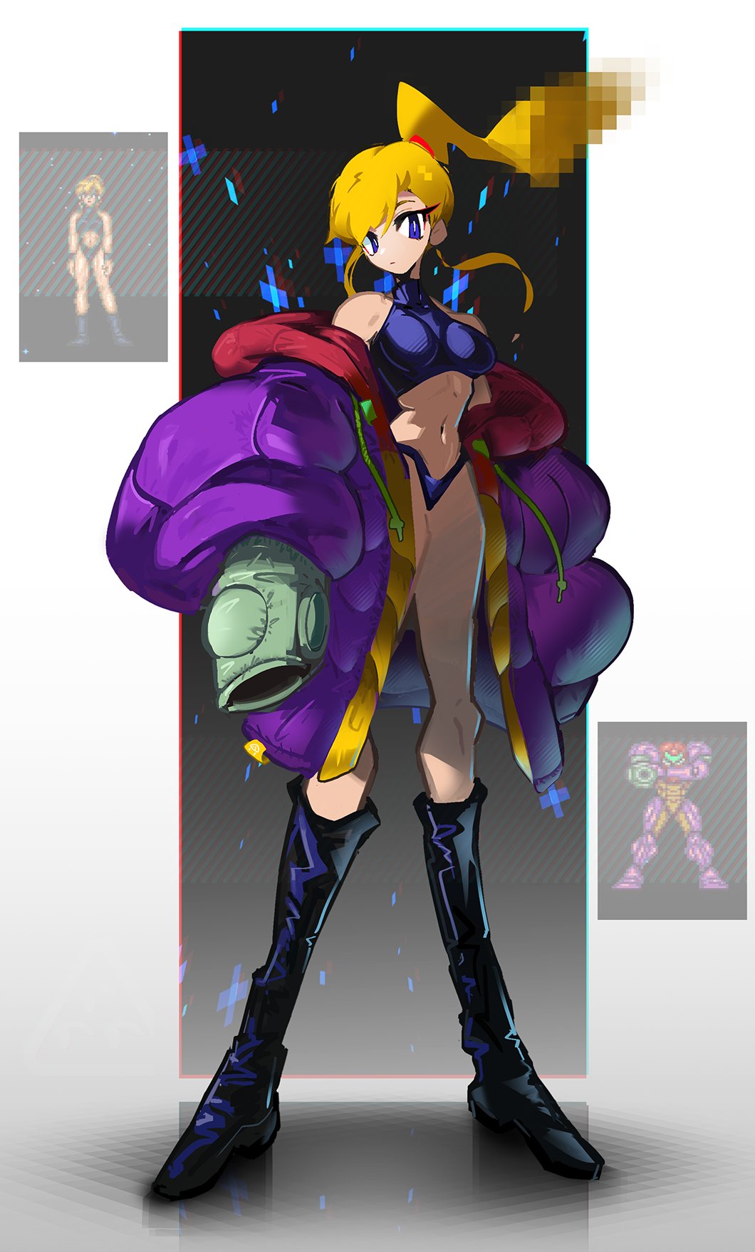 shakeeeeeeeee, samus aran, metroid, nintendo, super metroid, highres, 1girl, adapted costume, arm cannon, bare shoulders, bikini, black bikini, black boots, blonde hair, blue eyes, boots, breasts, chromatic aberration, coat, crop top, full body, green visor, hair tie, halterneck, knee boots, large breasts, long eyelashes, long legs, loose clothes, navel, pixel art, pixelated, ponytail, power suit (metroid), puffy coat, solo, standing, swimsuit, varia suit, weapon