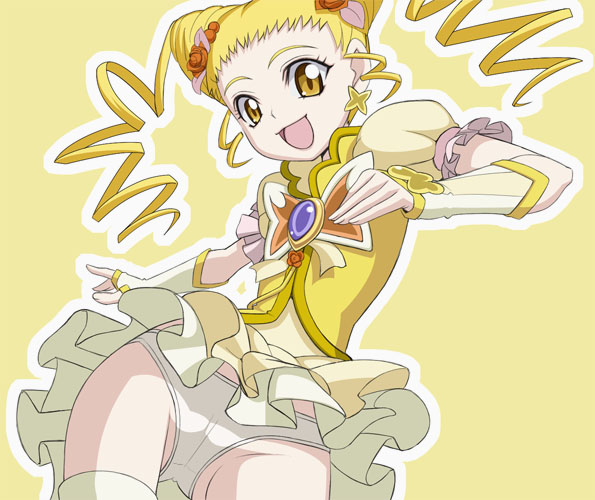 caryo, nanashino, cure lemonade, kasugano urara (yes! precure 5), precure, yes! precure 5, 00s, 1girl, cone hair bun, female focus, hair bun, magical girl, panties, pantyshot, solo, thighhighs, underwear, upskirt, white panties, yellow background, yellow theme