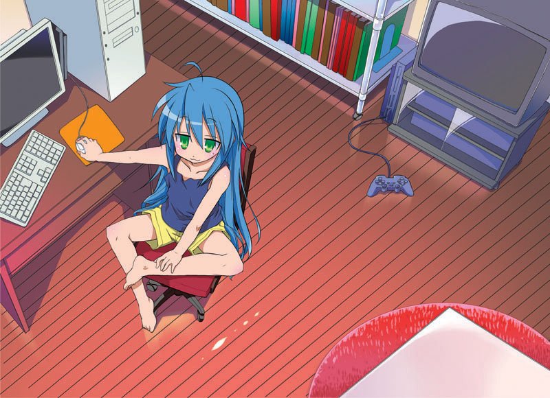 akitsu, akitsu mikami, fthgn338, izumi konata, lucky star, jpeg artifacts, 00s, 1girl, :3, ahoge, barefoot, blue hair, book, chair, computer, computer keyboard, controller, dualshock, feet, female focus, game console, game controller, gamepad, green eyes, long hair, on chair, playstation 2, playstation controller, room, solo, table, television, toes
