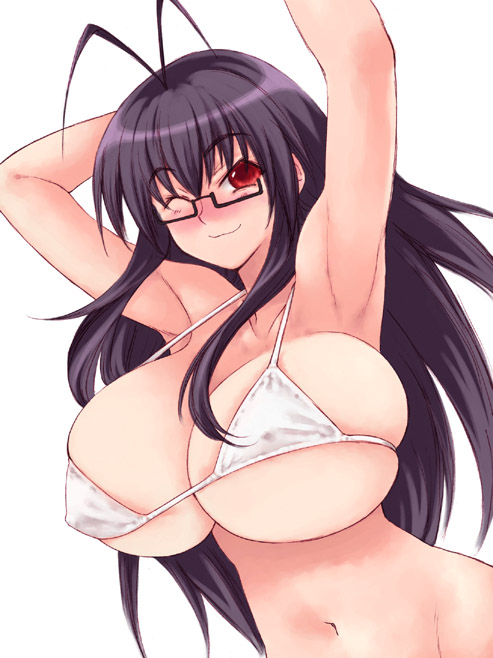 fuyube rion, saotome haruna, mahou sensei negima!, 00s, 1girl, armpits, bikini, breasts, female focus, glasses, huge breasts, large breasts, one eye closed, red eyes, smile, solo, swimsuit, white bikini, wink