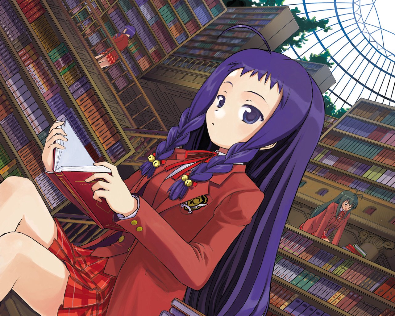 akitsu, akitsu mikami, fthgn338, ayase yue, miyazaki nodoka, saotome haruna, mahou sensei negima!, 00s, 3girls, :<, ahoge, book, dutch angle, library, multiple girls, plaid clothes, plaid skirt, purple eyes, purple hair, school uniform, serafuku, skirt