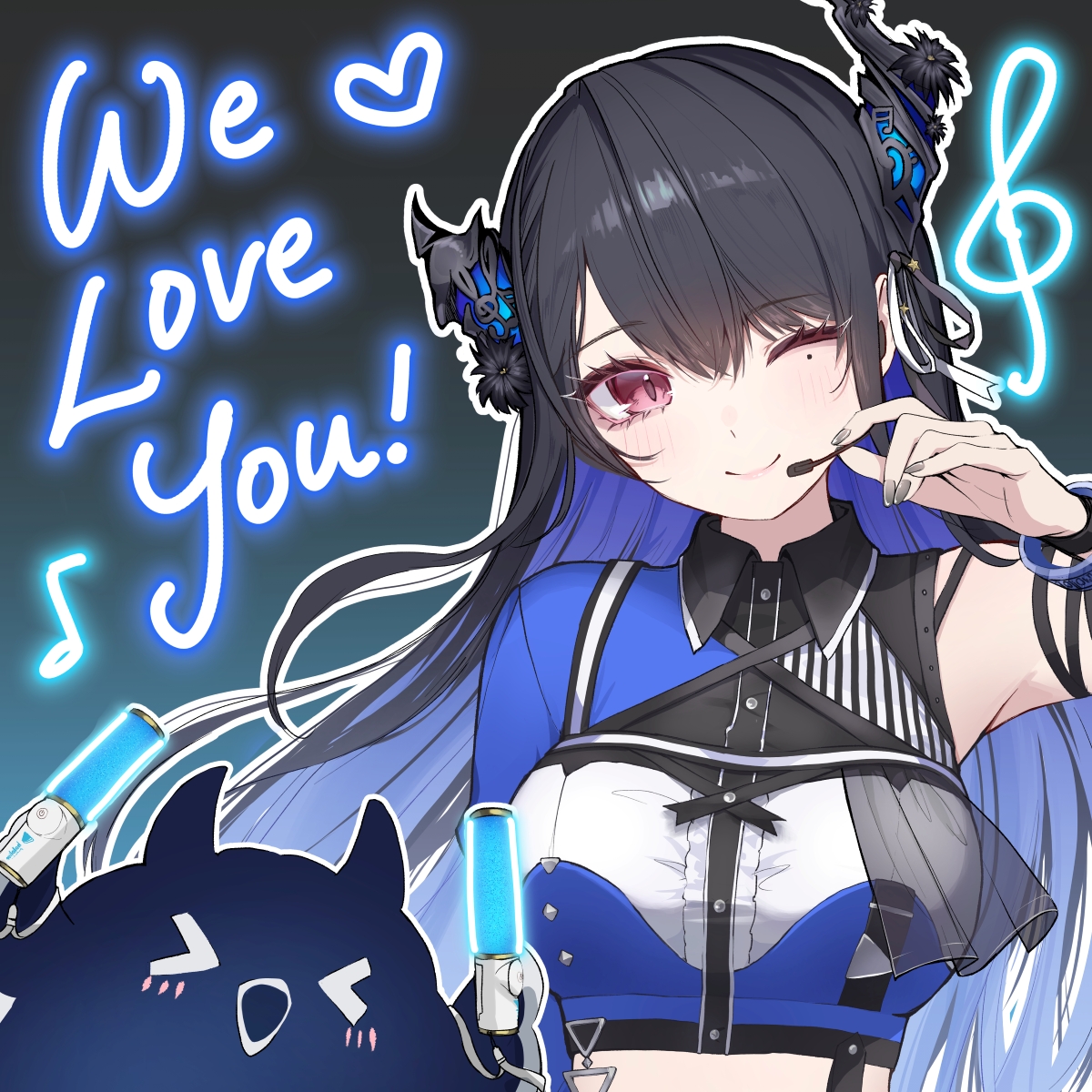 cauli, jailbird (nerissa ravencroft), nerissa ravencroft, hololive, hololive english, highres, 1girl, asymmetrical horns, black hair, blue hair, breasts, english text, horns, idol, large breasts, long hair, mole, mole under eye, one eye closed, uneven horns, upper body, virtual youtuber