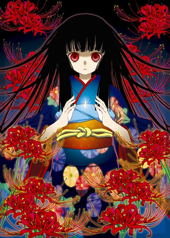 akitsu, akitsu mikami, fthgn338, enma ai, jigoku shoujo, 00s, 1girl, blunt bangs, female focus, flower, hime cut, japanese clothes, red flower, solo, spider lily