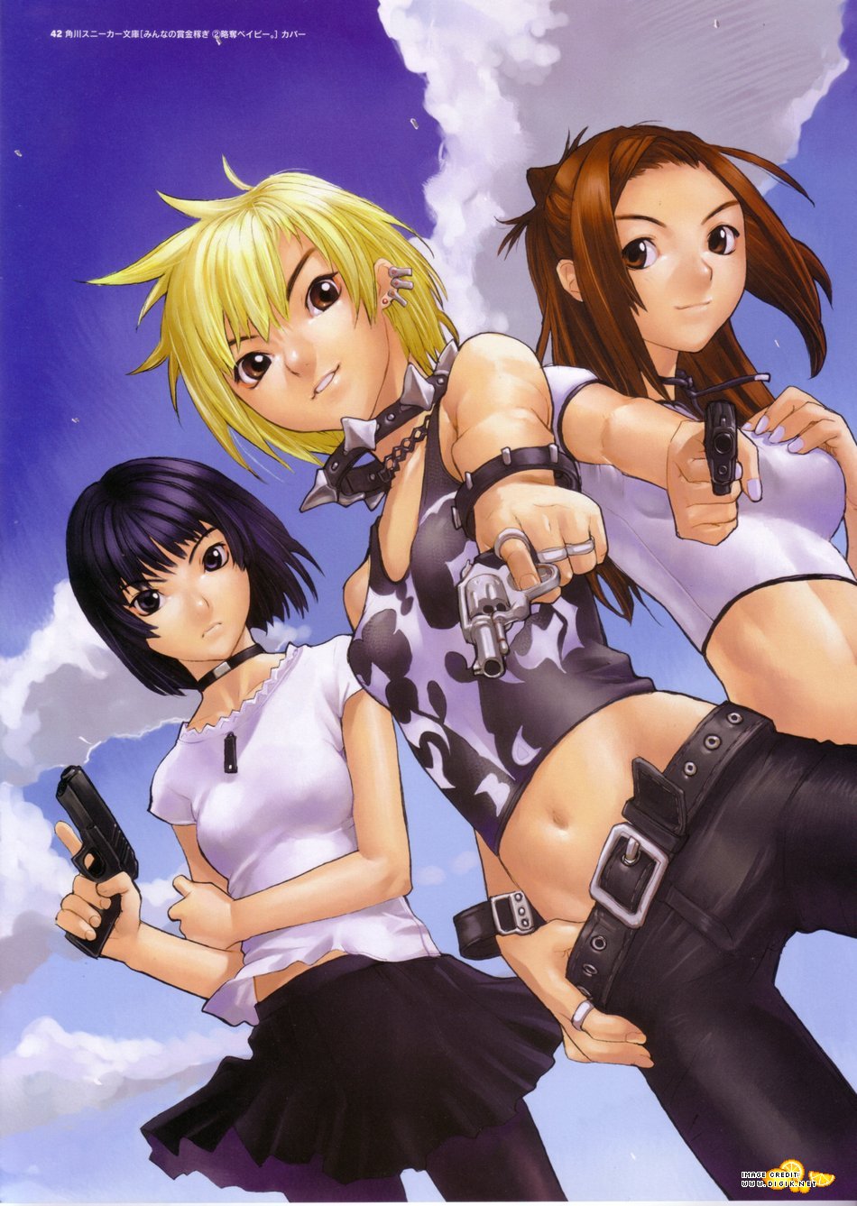 highres, 3girls, blonde hair, blue eyes, blue hair, breasts, brown eyes, brown hair, denim, female focus, gun, jeans, multiple girls, navel, outdoors, pants, pantyhose, shirt, skirt, sky, standing, thighhighs, weapon