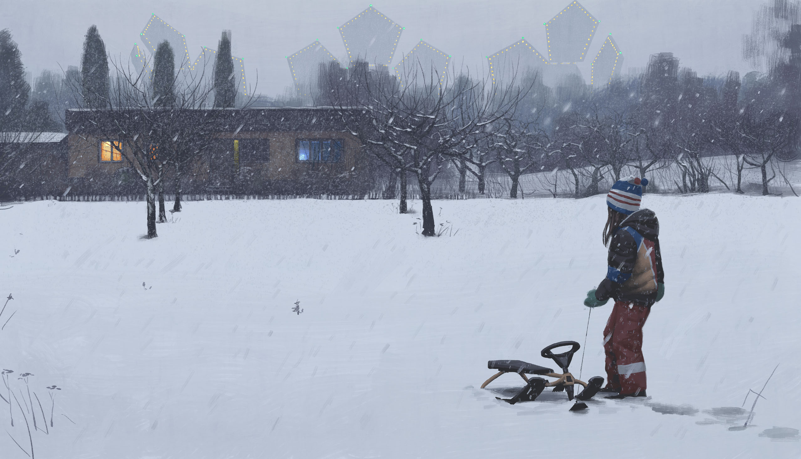 simon stalenhag, highres, 1girl, architecture, bare tree, beanie, building, coat, day, gloves, hat, jacket, long hair, long sleeves, outdoors, pants, science fiction, sled, snow, snowing, solo, standing, things from the flood, tree, winter clothes