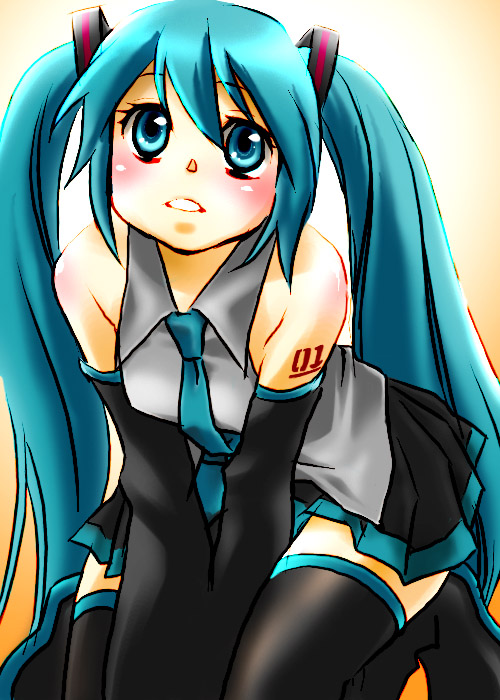 nawoko, hatsune miku, vocaloid, bad id, bad pixiv id, aqua eyes, aqua hair, necktie, solo, tattoo, thighhighs, twintails