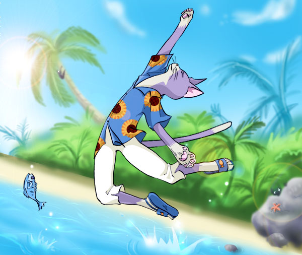 neko-sensei, princess tutu, + +, 00s, 1boy, cat, dutch angle, fish, jumping, male focus, palm tree, sandals, sloth (animal), solo, tree, water