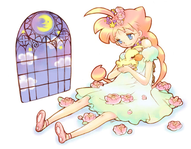 ahiru (duck) (princess tutu), ahiru (princess tutu), princess tutu, 00s, 1girl, ahoge, ballerina, ballet slippers, bird, dual persona, duck, flower, freckles, window