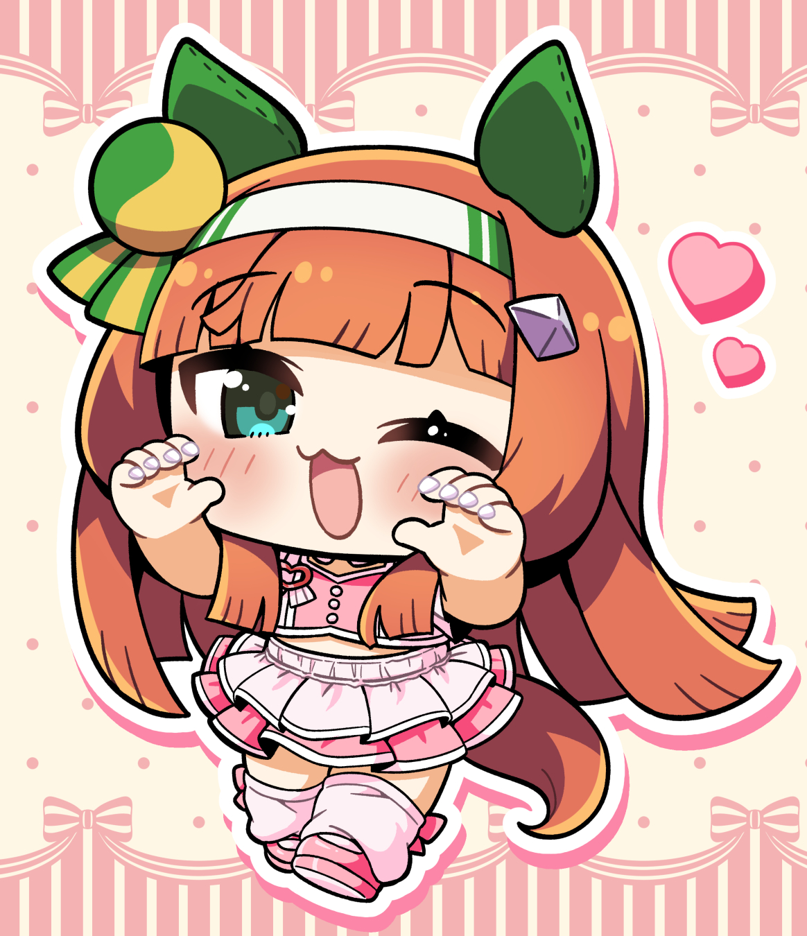 plover, silence suzuka (umamusume), umamusume, commentary request, highres, 1girl, :3, ;d, animal ears, blunt bangs, blush, chibi, chibi only, ear covers, full body, green eyes, hairband, horse ears, horse girl, horse tail, long hair, looking at viewer, one eye closed, open mouth, orange hair, outline, pink shirt, pink shoes, pink skirt, pink socks, shirt, shoes, skirt, sleeveless, sleeveless shirt, smile, socks, solo, standing, tail, white hairband, white outline, yellow background