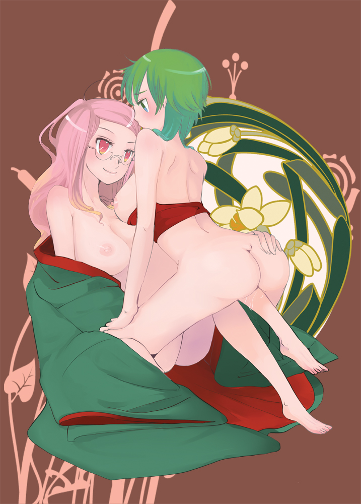 masago (rm-rf), masagomi, original, 2girls, artistic error, ass, bad anatomy, bad feet, barefoot, breasts, feet, glasses, large breasts, multiple girls, nipples, nude, poorly drawn, yuri