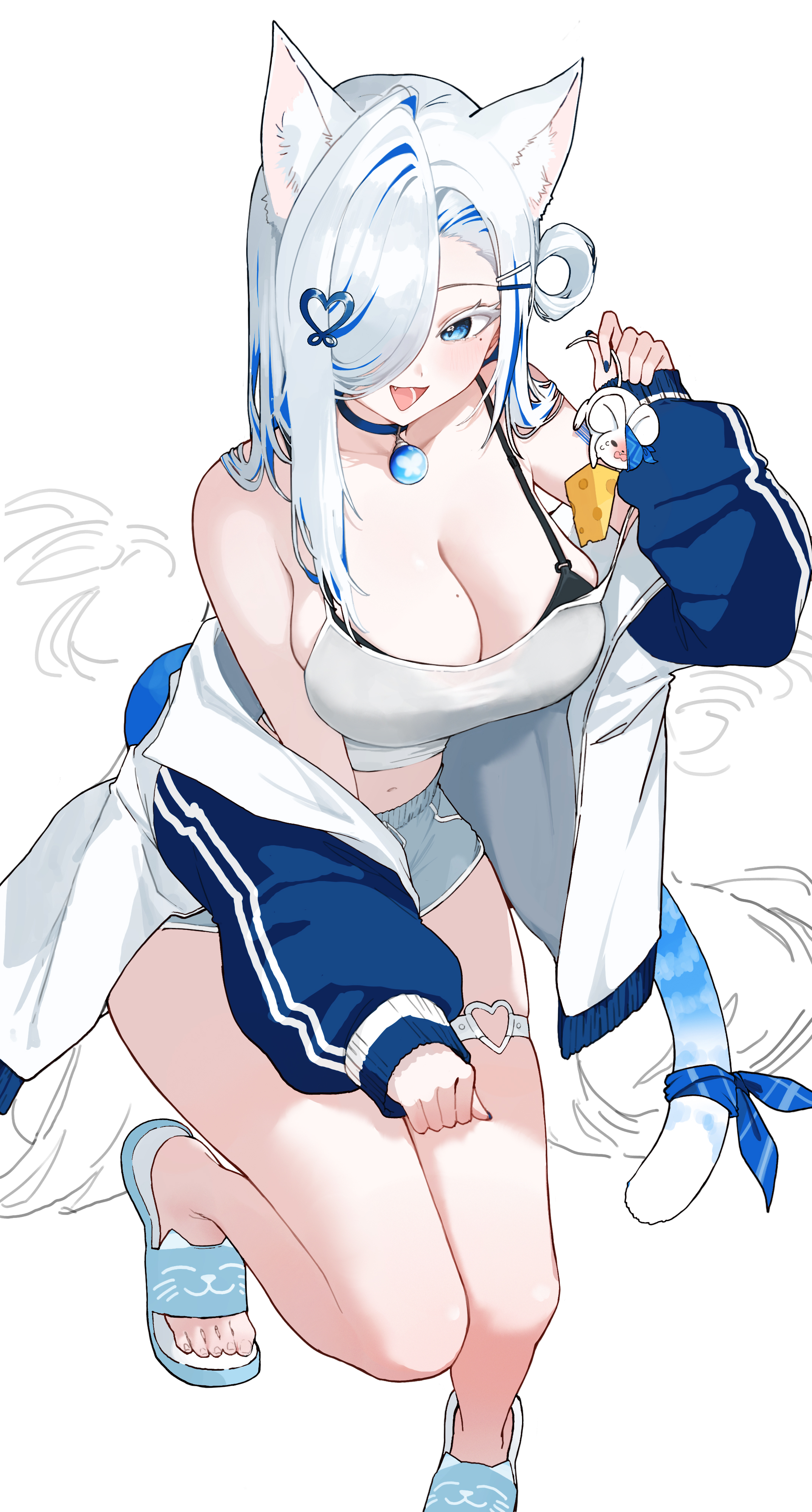 saple, indie virtual youtuber, absurdres, hashtag-only commentary, highres, 1girl, animal, animal ear fluff, animal ears, asymmetrical bangs, barcode, barcode tattoo, black bra, black choker, blue bow, blue eyes, blue hair, blue jacket, blue nails, blue pants, blue shoes, bow, bow on tail, bra, breasts, camisole, cat ears, cat girl, cat tail, cheese, choker, cleavage, collarbone, colored eyelashes, dolphin shorts, eyebrows hidden by hair, fang, food, full body, ging nari, grey hair, hair ornament, hair over one eye, hairclip, heart, heart hair ornament, holding, holding animal, jacket, large breasts, long hair, looking at viewer, mole, mole on breast, mole under eye, mouse (animal), multicolored hair, navel, off shoulder, open clothes, open jacket, open mouth, pants, sandals, shoes, shorts, smile, solo, swiss cheese, tail, tattoo, thigh strap, two-tone hair, underwear, white camisole, white eyelashes