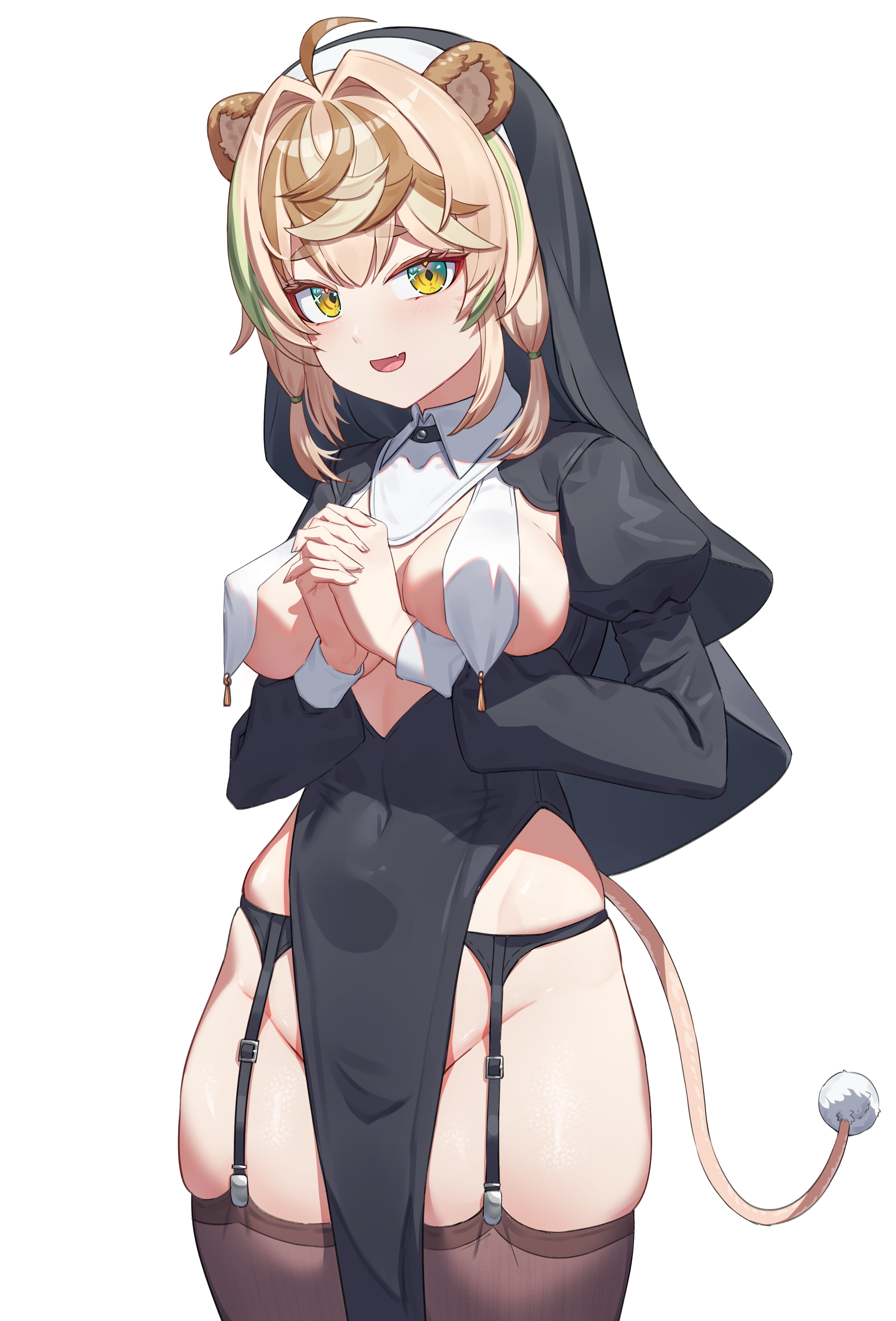 arpeggio kaga, daisy dandelion, chromashift, absurdres, commission, highres, second-party source, 1girl, ahoge, alternate costume, animal ears, black dress, black veil, blonde hair, breastless clothes, breasts, brown streaks, brown thighhighs, covered erect nipples, dress, fang, garter belt, garter straps, green eyes, green streaks, interlocked fingers, juliet sleeves, large breasts, lion ears, lion girl, lion tail, long sleeves, looking at viewer, multicolored hair, no panties, nun, open mouth, own hands clasped, own hands together, pelvic curtain, praying, puffy sleeves, skin fang, solo, standing, streaked hair, tail, thighhighs, transparent background, veil, virtual youtuber