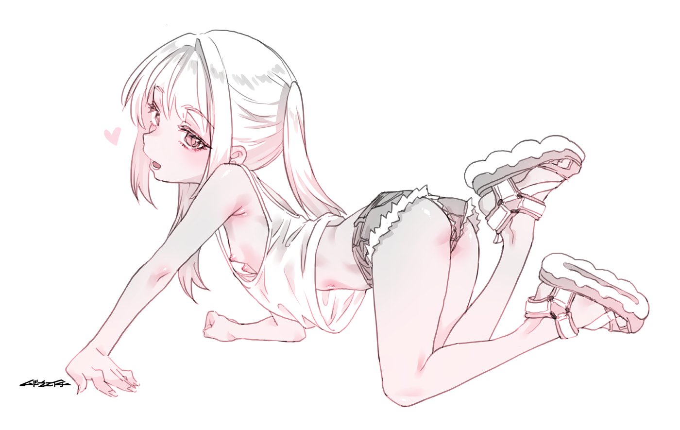 mudou eichi, original, 1girl, all fours, dark skin, foot up, hand on floor, hands on floor, heart, long hair, looking at viewer, loose clothes, nipple slip, nipples, pink eyes, sandals, short shorts, shorts, solo, spoken heart, twintails, vest, white background, white hair
