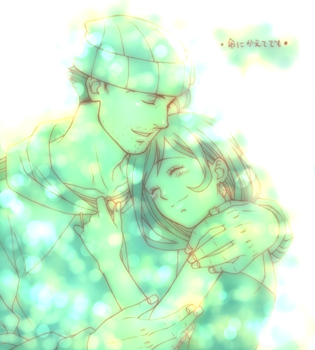 suzu (artist), suzu (okayuki), phoenix wright, trucy wright, ace attorney, apollo justice: ace attorney, capcom, bad id, bad pixiv id, lowres, translation request, 1boy, 1girl, alternate costume, beanie, green theme, hat, hetero, hug, monochrome