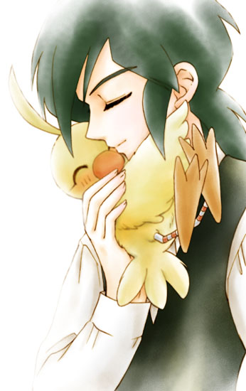 nijimasu, ahiru (duck) (princess tutu), ahiru (princess tutu), fakir (princess tutu), princess tutu, 00s, 1boy, bird, closed eyes, duck, hug, male focus, smile, solo, upper body, white background