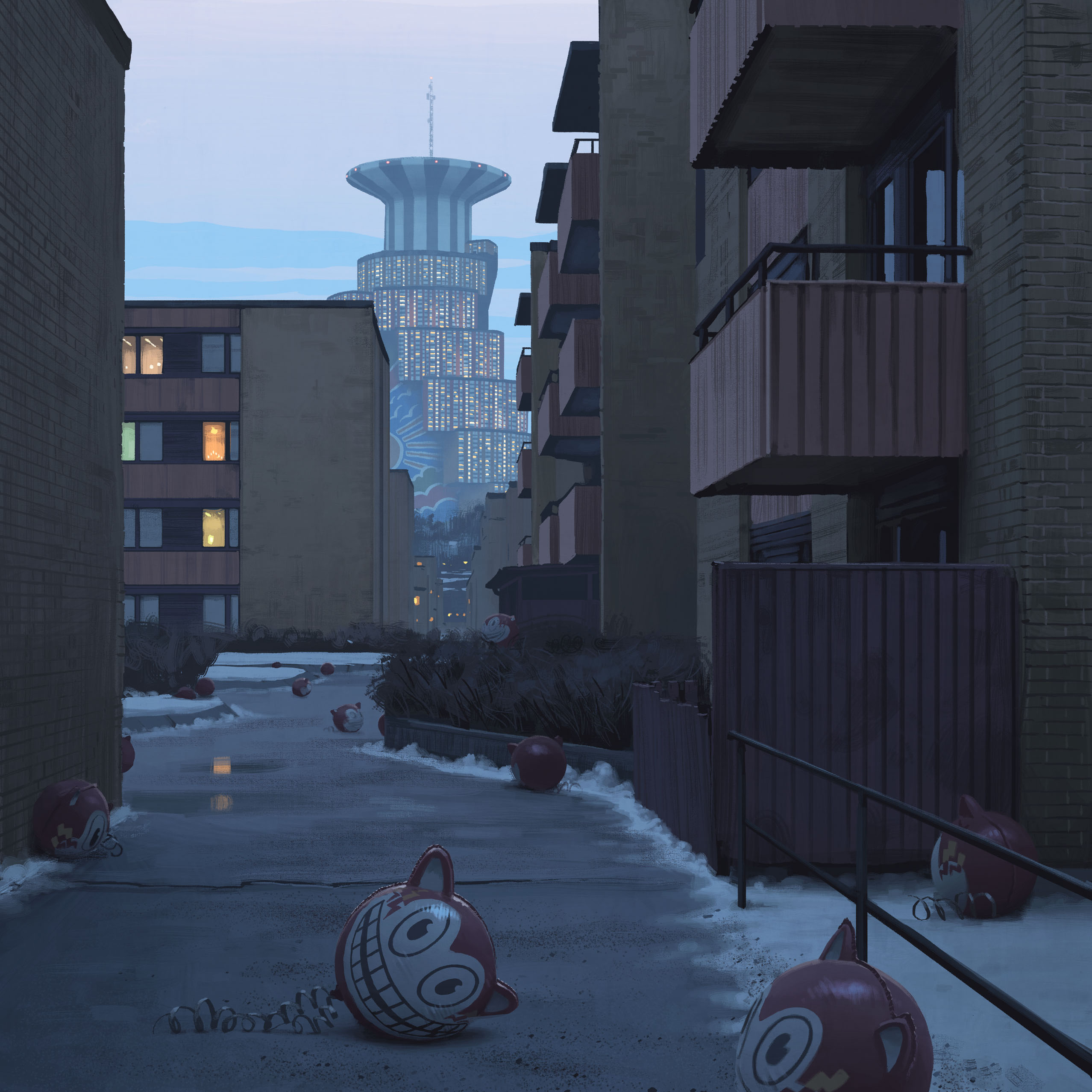 simon stalenhag, absurdres, highres, balcony, balloon, building, city, cloud, cloudy sky, day, fence, no humans, outdoors, plant, railing, sky, snow, things from the flood, window
