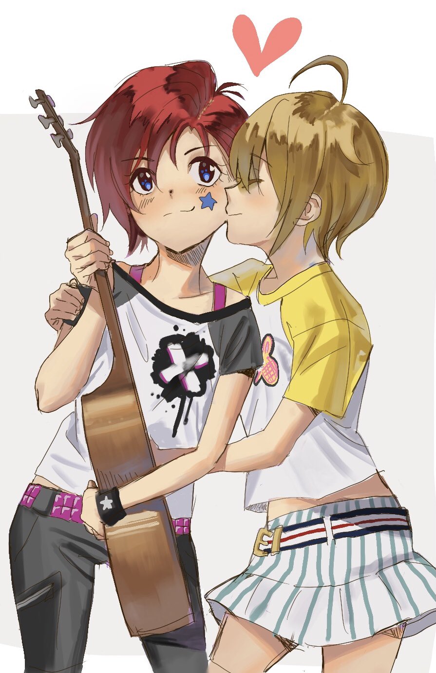 dddoochi1, ibuki tsubasa, julia (idolmaster), idolmaster, idolmaster million live!, highres, 2girls, acoustic guitar, ahoge, blonde hair, blue eyes, closed eyes, closed mouth, facial mark, facing another, guitar, heart, holding, holding guitar, holding instrument, instrument, midriff peek, multiple girls, pants, red hair, shirt, short hair, short sleeves, skirt, standing, star (symbol), star facial mark, yuri