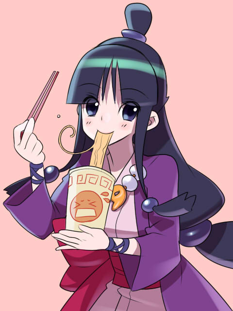 tensugi takashi, maya fey, ace attorney, capcom, bad id, bad pixiv id, 1girl, chopsticks, cup ramen, eating, female focus, food, half updo, magatama, noodles, pink background, ramen, solo