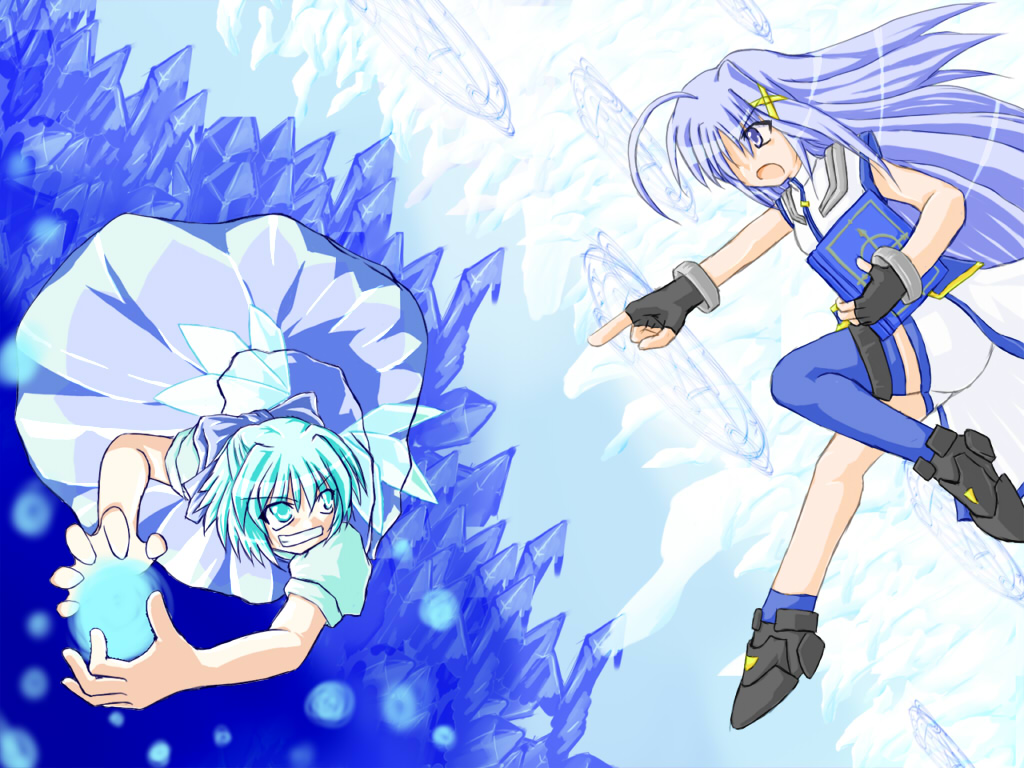 miyabi sachi, book of the azure sky, cirno, reinforce zwei, lyrical nanoha, mahou shoujo lyrical nanoha, mahou shoujo lyrical nanoha strikers, touhou, 00s, 2girls, battle, blue eyes, blue hair, book, bow, crossover, fingerless gloves, gloves, hair bow, hair ornament, hair ribbon, long hair, magic circle, magical girl, multiple girls, ribbon, short hair, single thighhigh, thighhighs, wings, x hair ornament