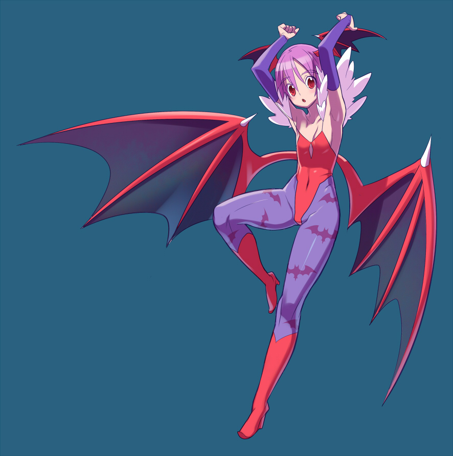 tensugi takashi, lilith (darkstalkers), capcom, darkstalkers, bad id, bad pixiv id, 1girl, animal print, armpits, bat print, bat wings, blue background, boots, demon girl, elbow gloves, female focus, flat chest, full body, gloves, head wings, jumping, leotard, pantyhose, patterned legwear, print pantyhose, purple hair, purple pantyhose, red boots, red eyes, red leotard, red shoes, shoes, simple background, solo, wings