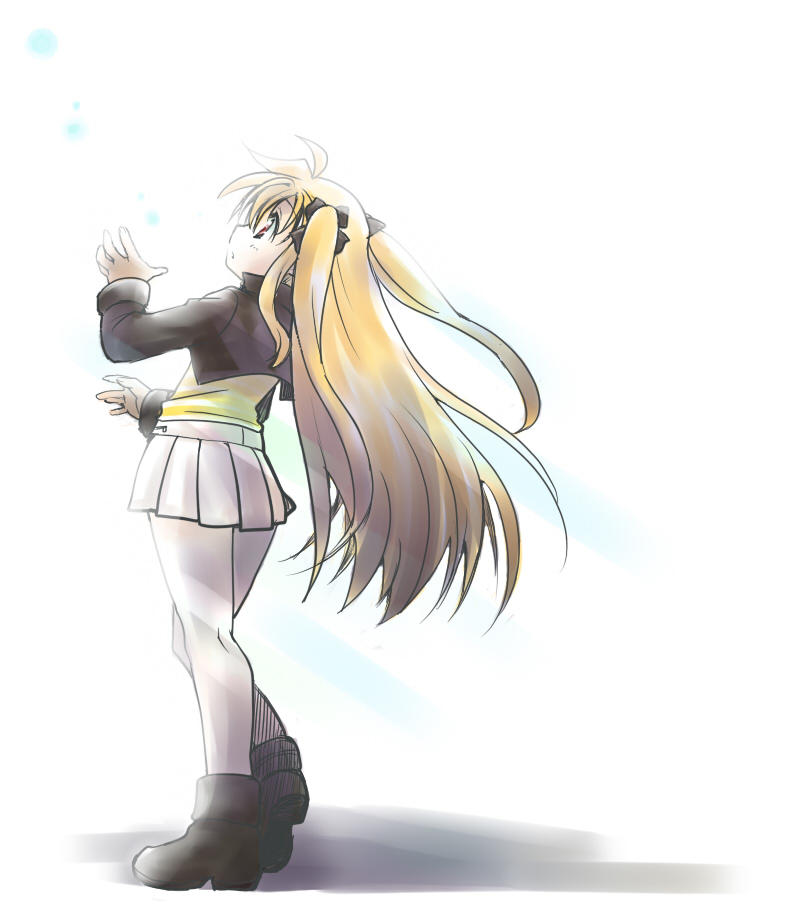 kajikawa yahiro, fate testarossa, lyrical nanoha, mahou shoujo lyrical nanoha, 00s, 1girl, :o, ankle boots, black jacket, blonde hair, blush, boots, brown boots, brown eyes, female focus, full body, jacket, long hair, long sleeves, miniskirt, open clothes, open jacket, parted lips, pleated skirt, shirt, skirt, solo, standing, very long hair, white skirt, yellow shirt