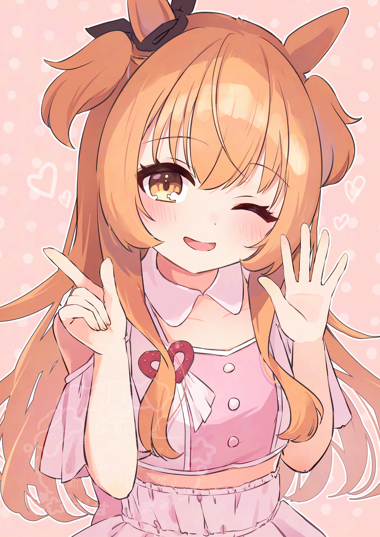 potarou pomi, mayano top gun (umamusume), umamusume, commentary request, highres, 1girl, ;d, animal ears, bare shoulders, blush, bow, brown ribbon, ear ribbon, hands up, horse ears, horse girl, long hair, looking at viewer, one eye closed, open mouth, orange hair, pink background, pink shirt, polka dot, polka dot background, ribbon, shirt, short sleeves, smile, solo, upper body, yellow eyes