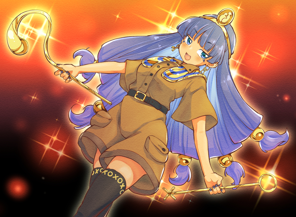 tanasuke, michigami nareko, touhou, 1girl, belt, black thighhighs, blue eyes, blue nails, blush, brown shirt, brown shorts, collared shirt, dark-skinned female, dark skin, from below, gold tiara, holding, holding scepter, long hair, looking at viewer, mark under eye, nail polish, open mouth, scepter, shirt, short sleeves, shorts, smile, solo, tan, thighhighs