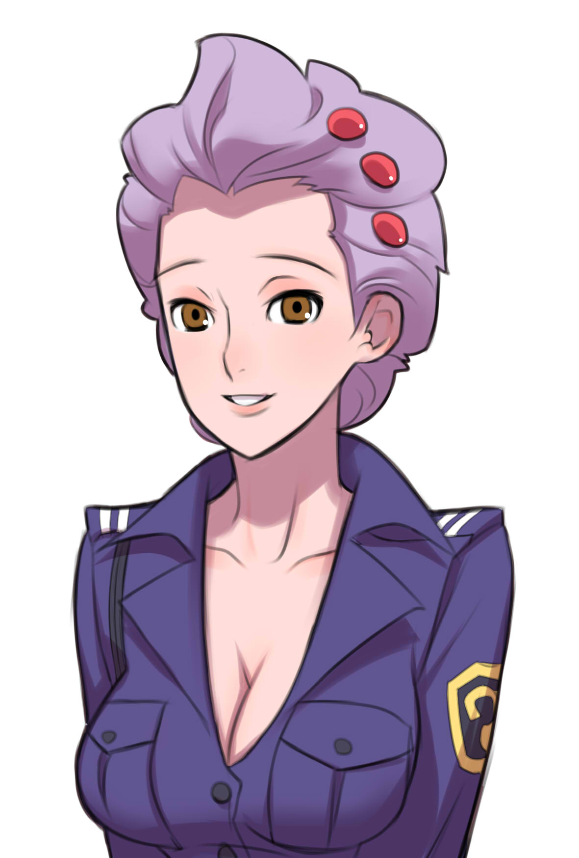 tensugi takashi, wendy oldbag, ace attorney, capcom, bad id, bad pixiv id, highres, 1girl, aged down, breasts, brown eyes, cleavage, female focus, hair ornament, large breasts, police, police uniform, policewoman, purple hair, short hair, smile, solo