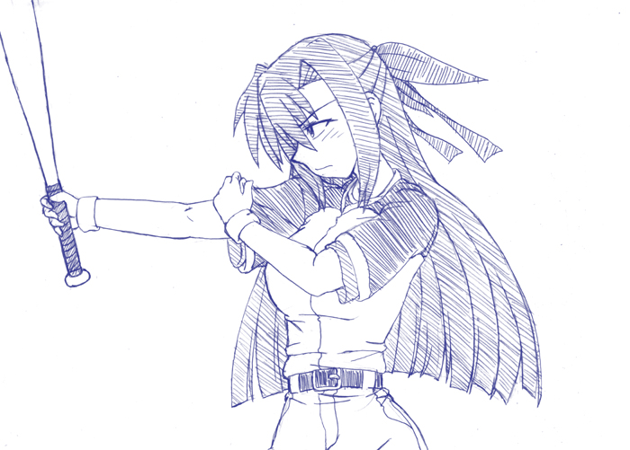 hayami ryouji, ginga nakajima, suzuki ichiro, suzuki ichirou, lyrical nanoha, mahou shoujo lyrical nanoha, mahou shoujo lyrical nanoha strikers, 1girl, baseball, baseball bat, blue theme, female focus, half updo, monochrome, parody, solo, white background