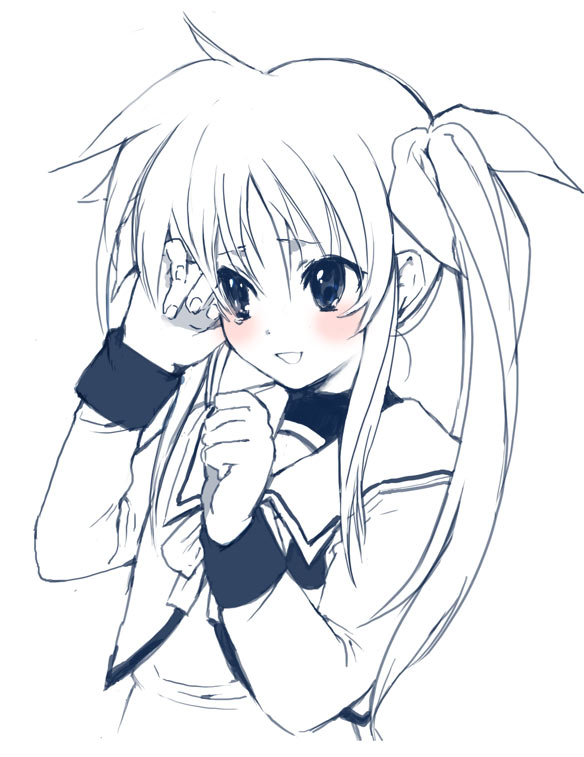 fate testarossa, lyrical nanoha, mahou shoujo lyrical nanoha, 00s, 1girl, blush, female focus, monochrome, school uniform, serafuku, simple background, smile, solo, white background
