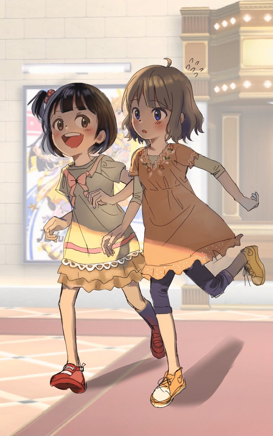 dddoochi1, nakatani iku, suou momoko, idolmaster, idolmaster million live!, idolmaster million live! theater days, highres, 2girls, :d, black hair, blue eyes, blush, brown eyes, brown hair, dress, flying sweatdrops, full body, game screenshot background, hair bobbles, hair ornament, indoors, looking at another, multiple girls, one side up, open mouth, orange dress, orange shoes, red shoes, running, screenshot background, shoes, short hair, sideways glance, smile, teeth, upper teeth only, yellow dress