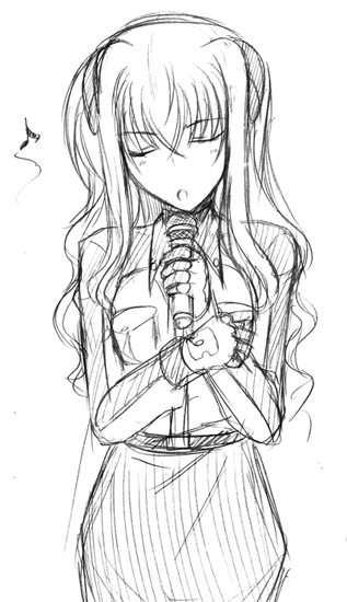 hagane soushi, numbers (nanoha), uno (nanoha), lyrical nanoha, mahou shoujo lyrical nanoha, mahou shoujo lyrical nanoha strikers, 00s, gloves, greyscale, long hair, microphone, monochrome, sketch, solo