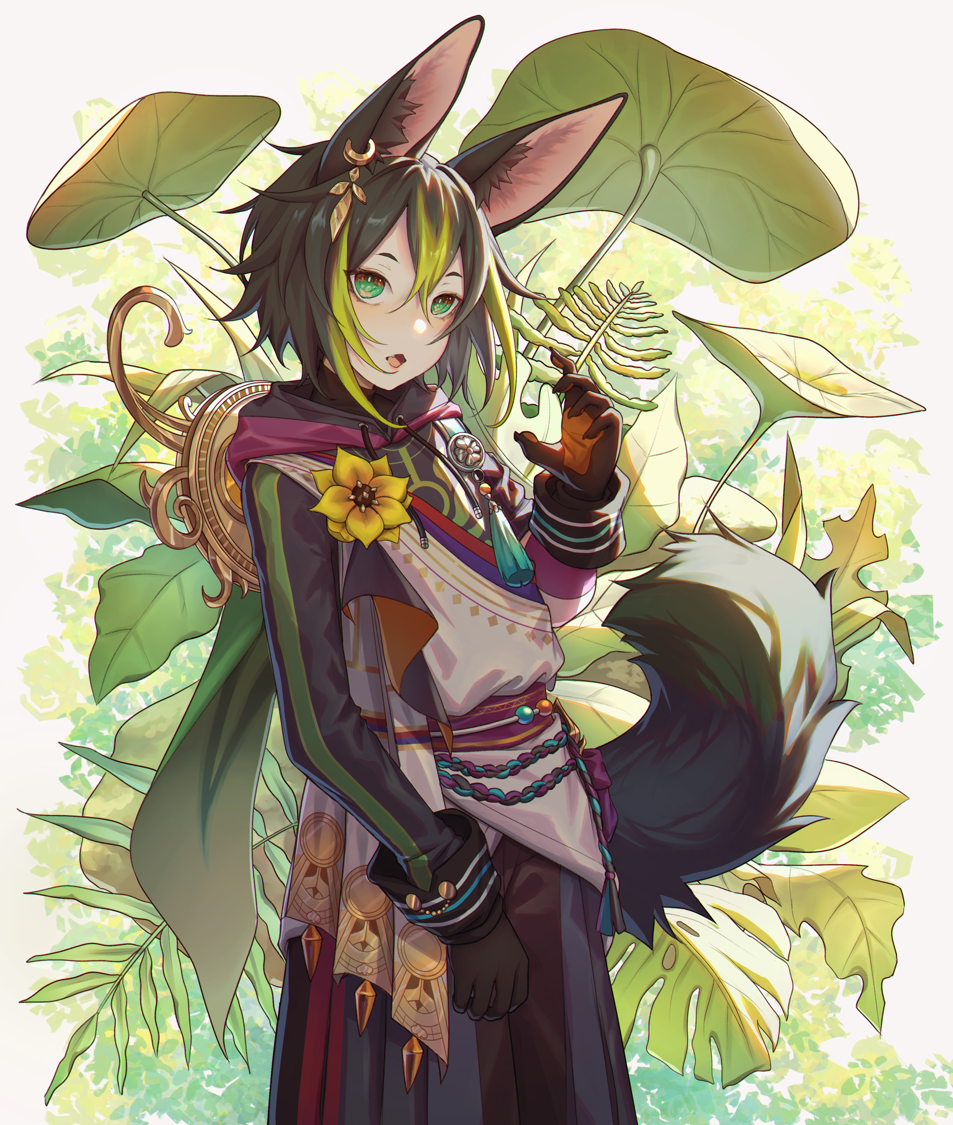 ev-oo, tighnari (genshin impact), genshin impact, absurdres, highres, 1boy, :3, animal ear fluff, animal ears, baggy pants, black hair, blue hair, boots, ear piercing, flower, fox boy, fox ears, fox tail, gloves, gradient hair, green eyes, green hair, green tail, jewelry, leaf, logo, lotus leaf, male focus, multicolored hair, pants, parted lips, piercing, solo, streaked hair, tail, tassel, vision (genshin impact), white background, yellow flower