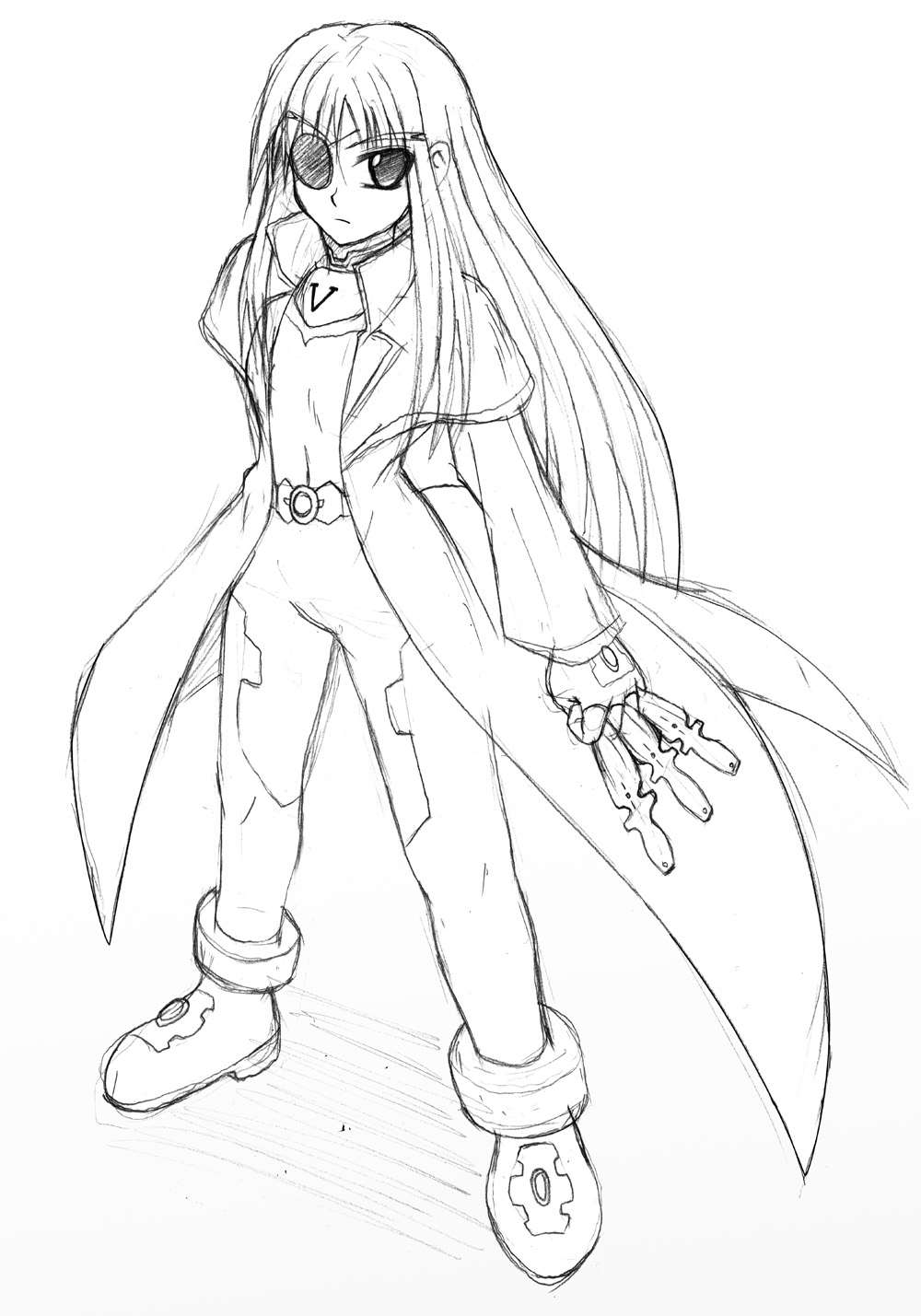 cinque (nanoha), numbers (nanoha), lyrical nanoha, mahou shoujo lyrical nanoha, mahou shoujo lyrical nanoha strikers, highres, 00s, 1girl, eyepatch, female focus, greyscale, monochrome, sketch, solo