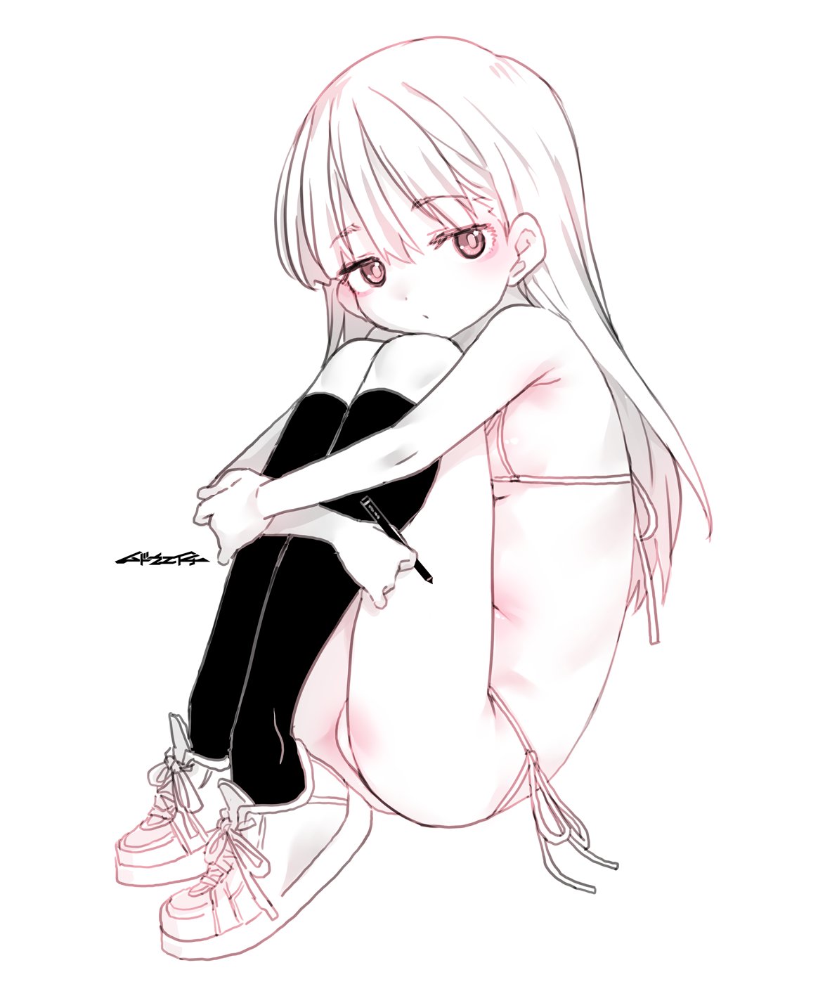 mudou eichi, original, highres, 1girl, bikini, black socks, breasts, hands on own legs, long hair, looking at viewer, pink eyes, shoes, sitting, small breasts, socks, solo, swimsuit, white background, white bikini, white hair, white shoes