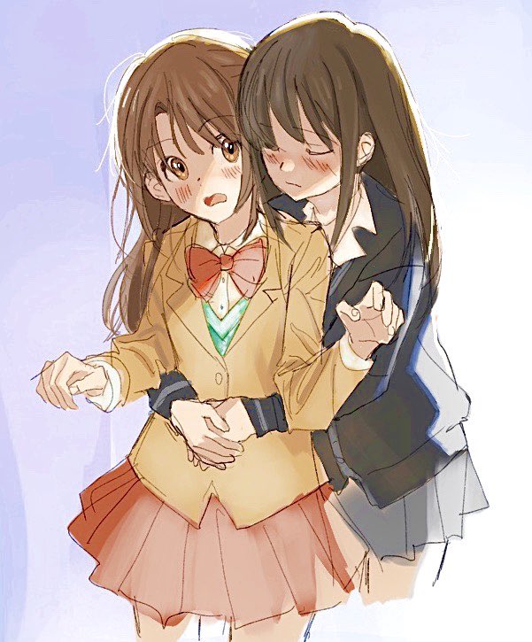 dddoochi1, shibuya rin, shimamura uzuki, idolmaster, idolmaster cinderella girls, 2girls, behind another, black cardigan, blazer, blush, bow, bowtie, brown eyes, brown hair, brown jacket, cardigan, closed eyes, closed mouth, cowboy shot, cropped legs, grey skirt, hug, hug from behind, jacket, lapels, long hair, multiple girls, notched lapels, red bow, red bowtie, red skirt, school uniform, skirt, yuri