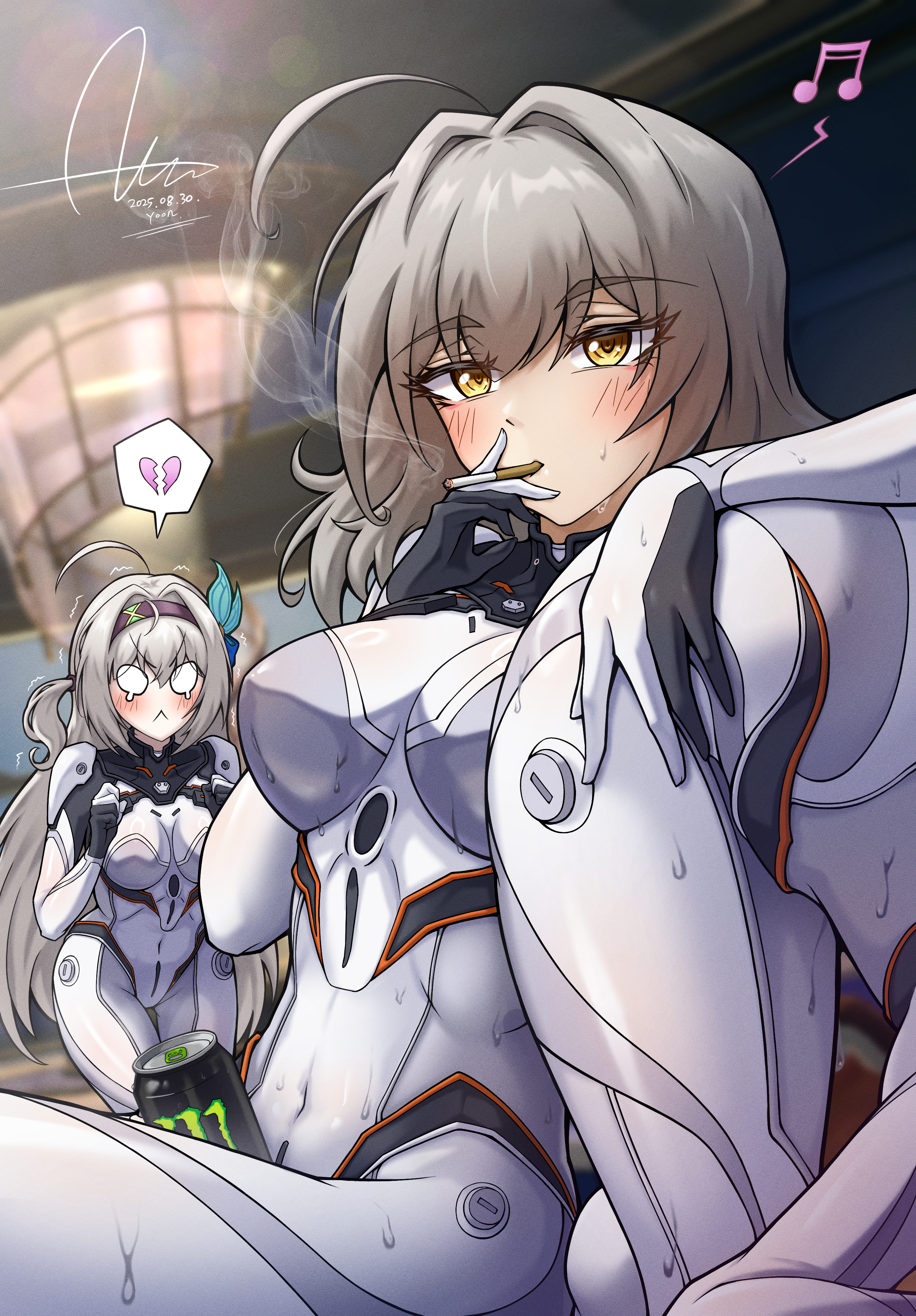 dasoin, artoria pendragon (fate), firefly (ar-26710) (honkai: star rail), firefly (honkai: star rail), saber (fate), saber (honkai: star rail) (fate), stelle (honkai: star rail), trailblazer (honkai: star rail), honkai: star rail, honkai (series), monster energy, absurdres, highres, 3girls, aftersex, angry, blush, bodysuit, breasts, broken heart, cigarette, cosplay, dripping, firefly (honkai: star rail) (cosplay), grey hair, hairband, hand on another's ass, heart, implied cheating (relationship), jealous, large breasts, long hair, matching outfits, multiple girls, musical note, smoking, tearing up, toned, top-down bottom-up, white hair, yellow eyes, yuri