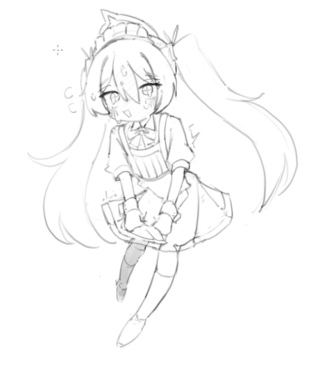 cyan9322, koyuki (blue archive), blue archive, 1girl, apron, blush, bow, bowtie, dress, flying sweatdrops, full body, greyscale, hair between eyes, halo, holding, kneehighs, long hair, looking at viewer, maid, maid apron, maid headdress, monochrome, nervous smile, nose blush, open mouth, puffy short sleeves, puffy sleeves, raised eyebrows, shoes, short dress, short sleeves, simple background, sketch, smile, socks, solo, sweat, tears, trembling, twintails, very long hair, white background