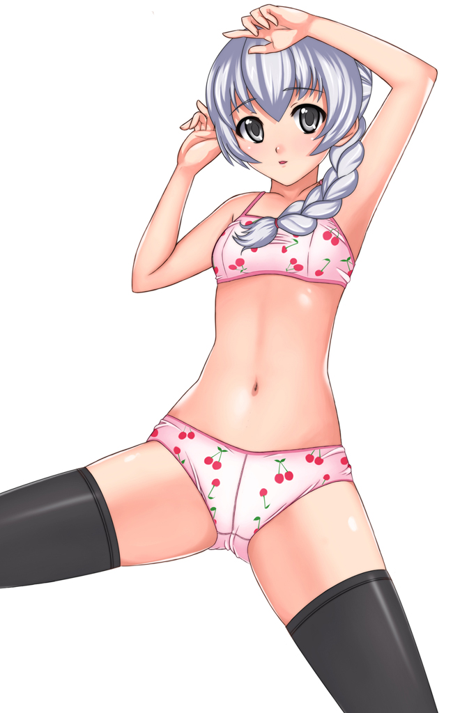 teletha testarossa, full metal panic!, silver hair, 00s, 1girl, bra, braid, cherry, cherry print, female focus, food, food print, fruit, fruit print, lingerie, panties, solo, thighhighs, underwear, underwear only