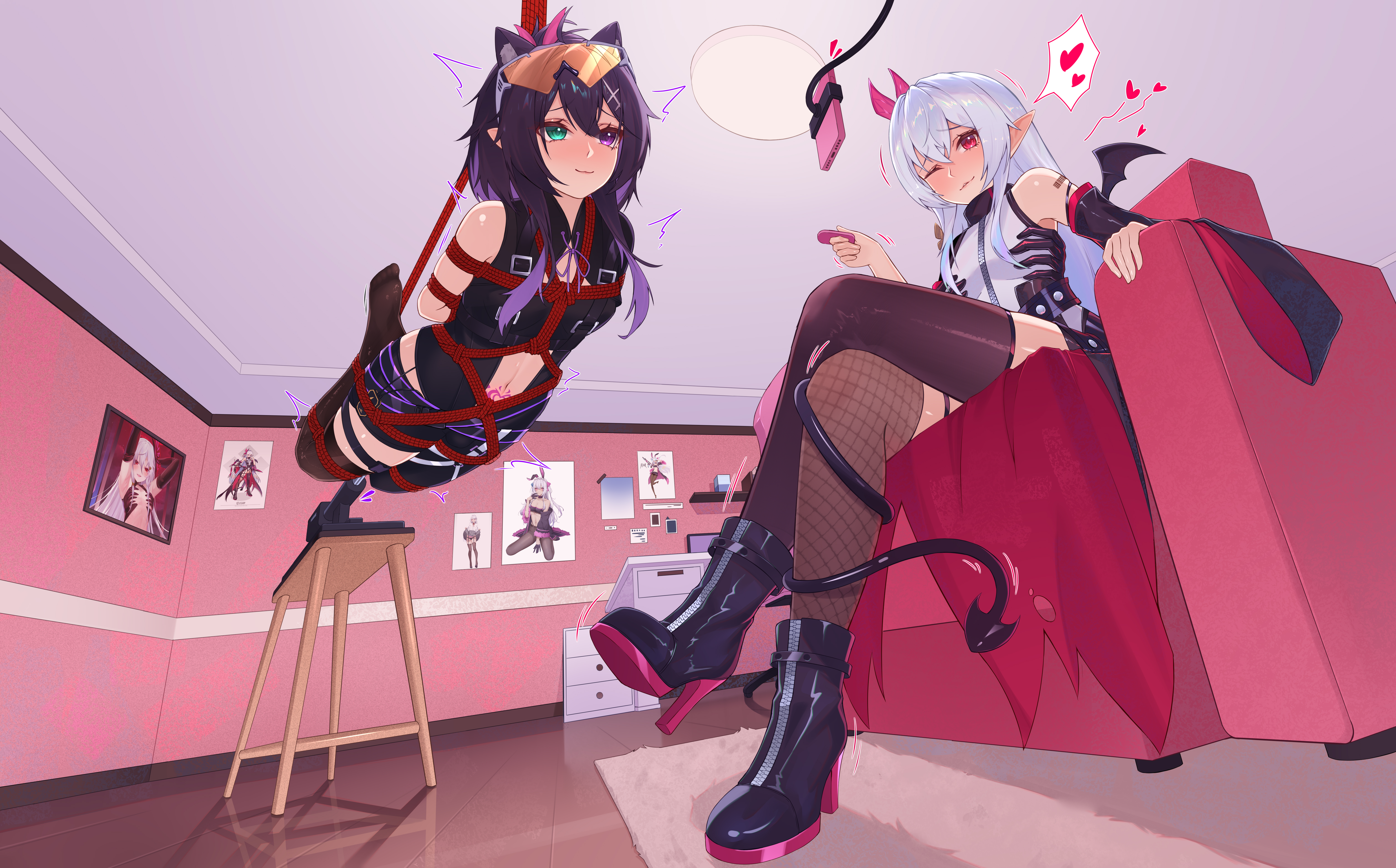 original, absurdres, highres, 1boy, 1girl, anal, anal object insertion, animegao, arms behind back, bare shoulders, bdsm, black thighhighs, boots, cosplay, couch, detached sleeves, eyewear on head, glasses, grey hair, heterochromia, high heel boots, high heels, hogtie, jianghuyemeng (midsummer), kigurumi, long hair, looking at viewer, navel, object insertion, on couch, pointy ears, purple hair, red eyes, restrained, sex machine, shibari, shibari over clothes, shirt, sitting, skindentation, suspension, thighhighs, trap, white shirt, zettai ryouiki